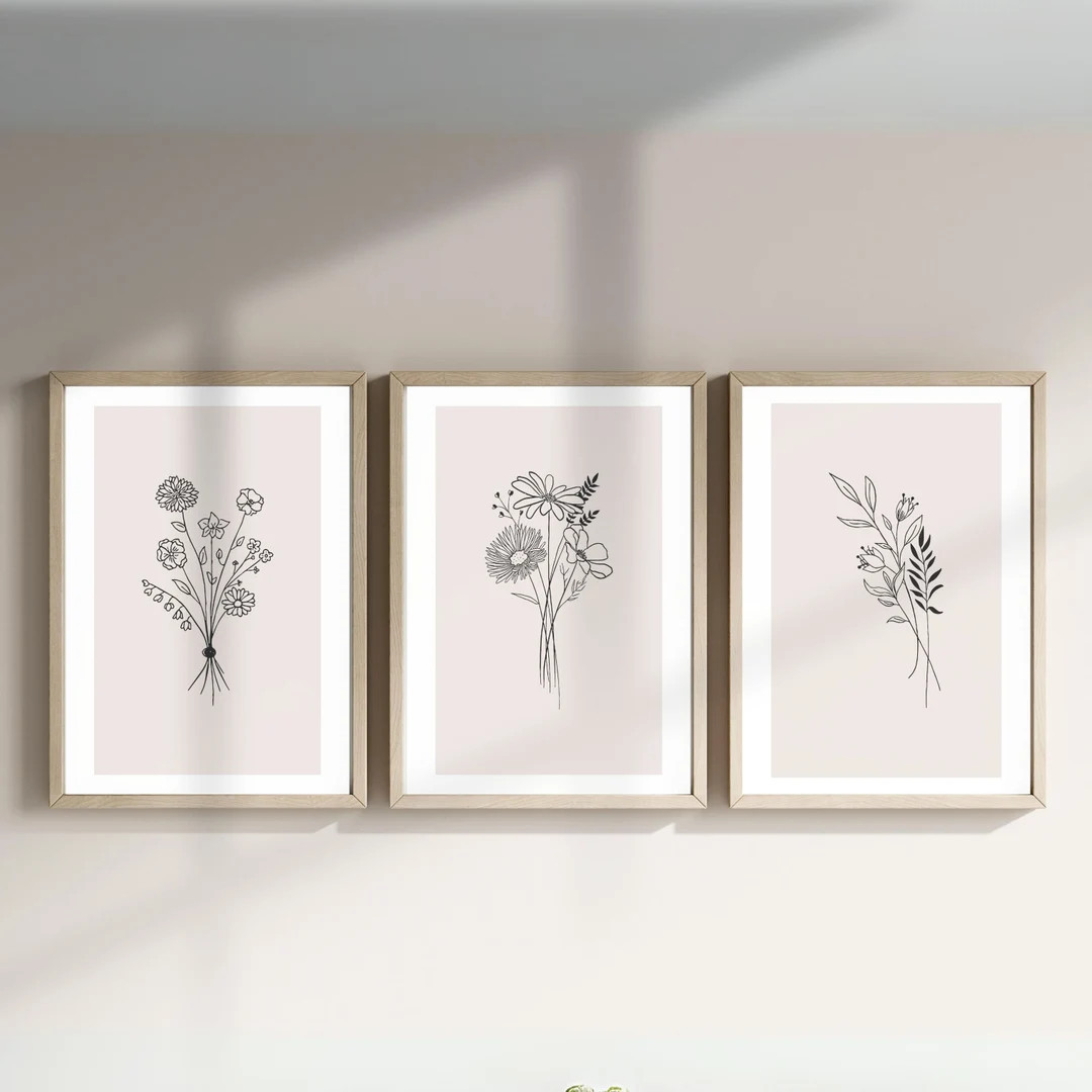 Neutral Flower Line Art Set of 3 Prints, Minimalist Botanical Wall Art, Modern Audience, Boho Min... | Etsy (US)