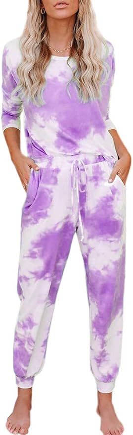 Women's Casual Sweatsuits Long Sleeve Pullover Shirts and Lounge Jogger Pants Tie Dye Printed Paj... | Amazon (US)