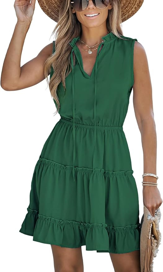 CUPSHE Womens Summer Dresses Tie Neck Sleeveless Tiered Ruffle A-Line Tunic Mini Dress | Amazon (US)