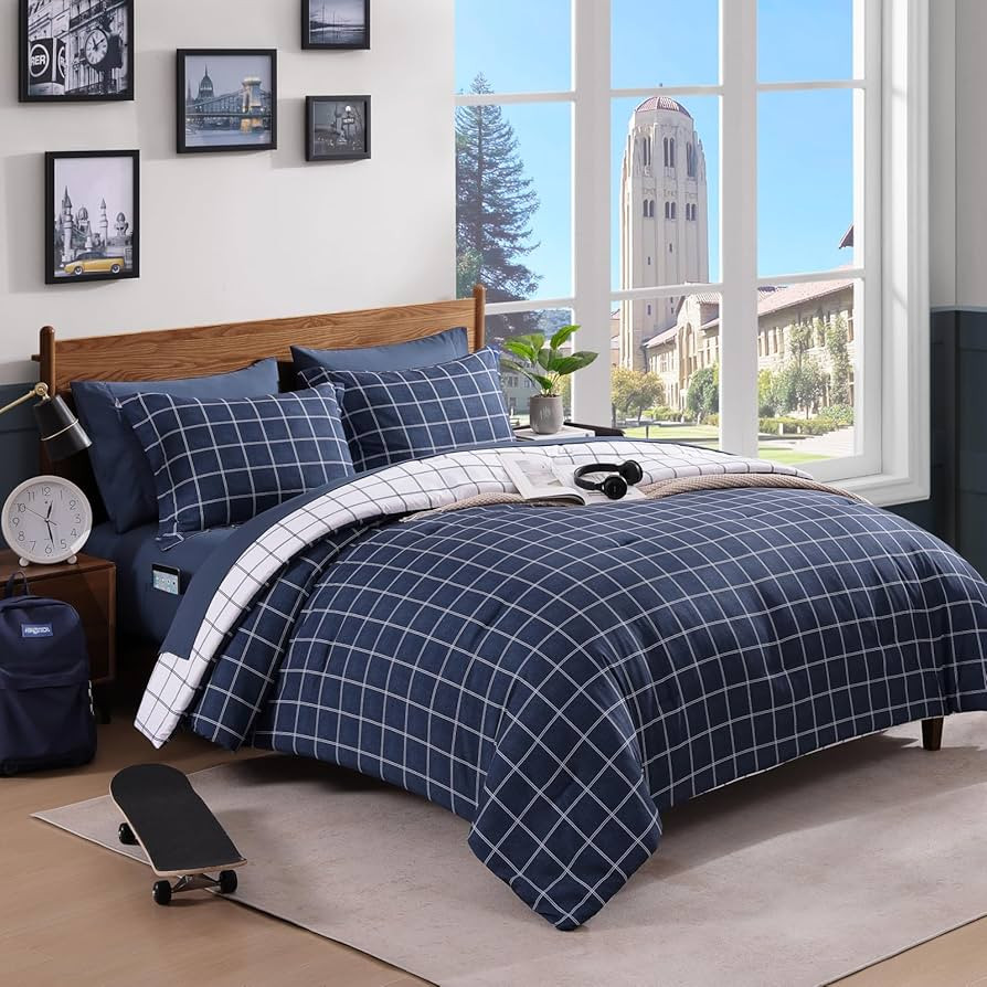 AMBERSPACE Plaid Full Size Comforter Set Dark Blue, Reversible Checkered Bedding Set 7 Pieces for... | Amazon (US)