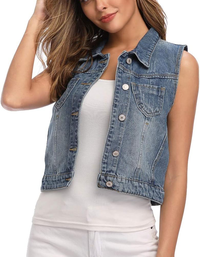 WUDODO Womens Denim Jean Vest Classic Cropped Distressed Spread Collar Sleeveless Jean Jacket | Amazon (US)