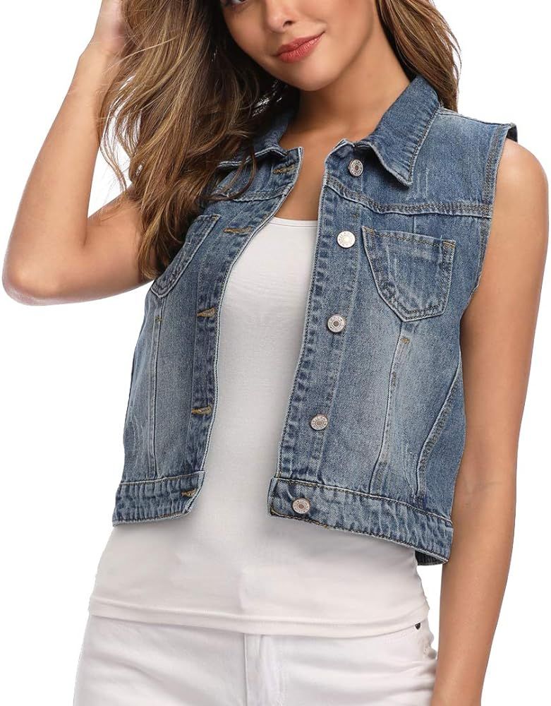 Womens Denim Jean Vest Classic Cropped Distressed Spread Collar Sleeveless Jean Jacket | Amazon (US)