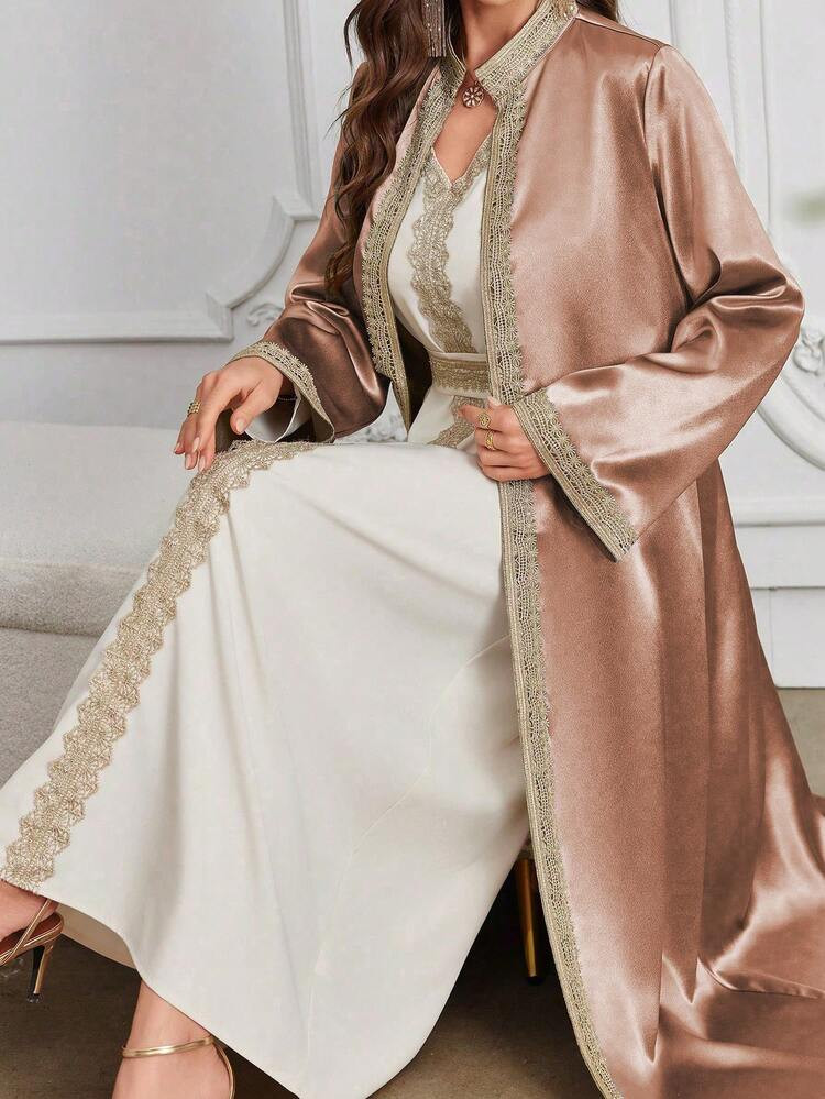 Al Najma Women's Water Soluble Lace Patchwork Dress With Outerwear, Muslim Fashion Abaya For Casual/Festival/Gathering/Travel | SHEIN