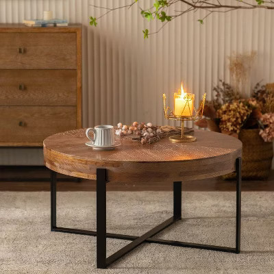 CAVINAS Coffee Tables for Living Room, Modern Retro Splicing Round Coffee Table, Fir Wood Table Top with Black Cross Legs Base | Target