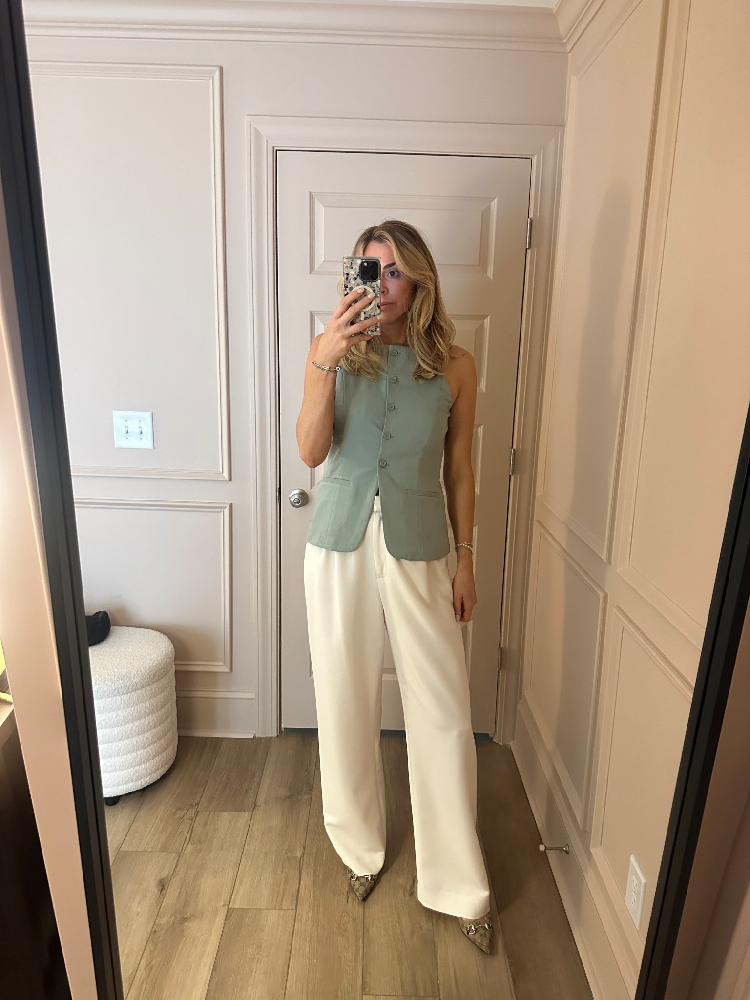 Small in top (TTS), size up 1-2 sizes in trousers. Wearing a 30 long; usually I’m a 28. 38 1/2 in Gucci slingbacks (tts; I’m usually an 8/8.5). Size down half size if in between 

#LTKSaleAlert #LTKWorkwear #LTKFindsUnder100