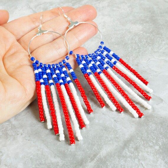 Red White and Blue American Flag Earrings  Beaded Fringe | Etsy | Etsy (US)