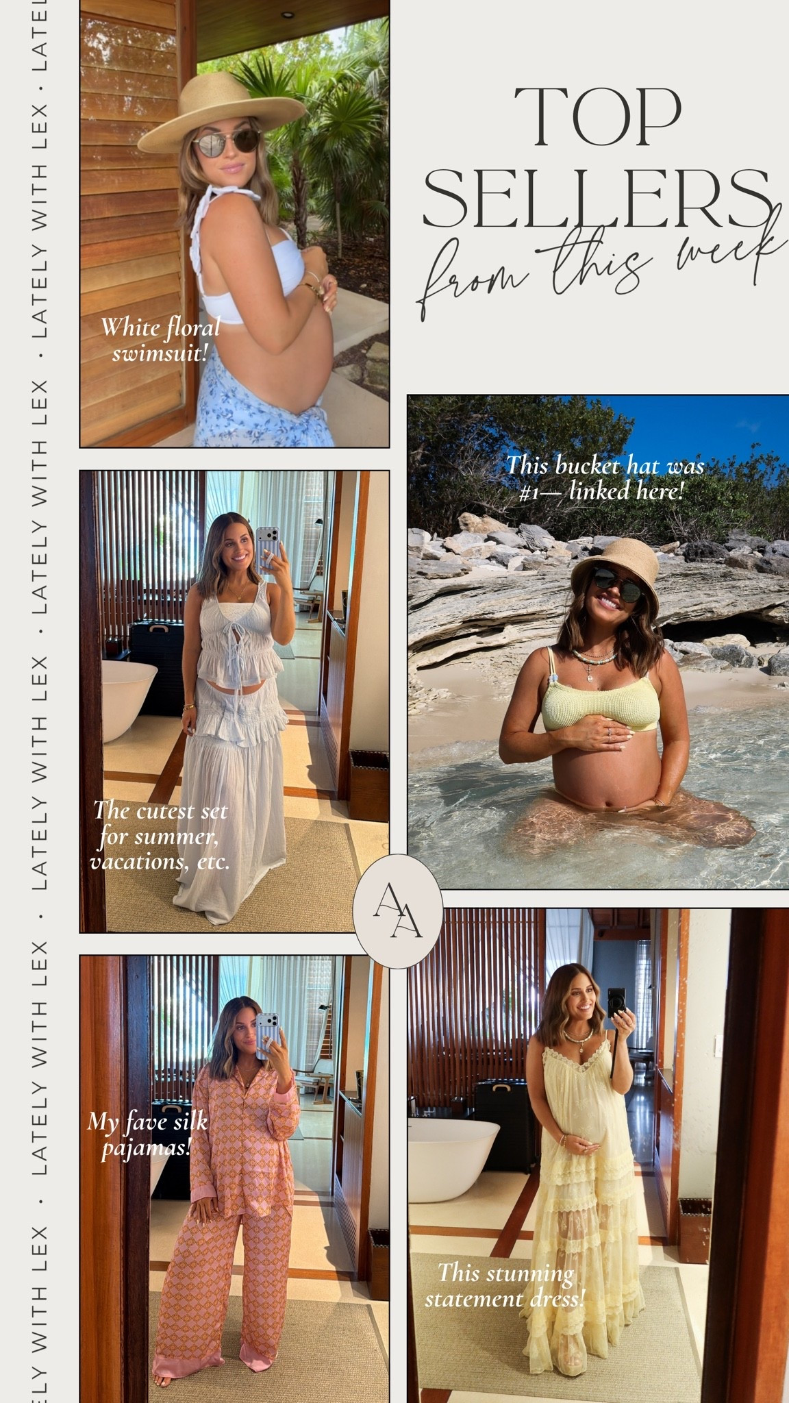This week’s top sellers! ✨ 

Lots of resortwear + beach looks I wore on our honeymoon. Currently 31 weeks for reference and wearing an xs or small in all styles! 

1: Inca Bucket Hat from Lack of Color— linking from several retailers here! I think my color may be sold out now, but I linked a very similar one from Revolve as well! 
2. Yellow Maxi Dress- wearing an xs and was such a pretty statement dress! It’s a splurge, but is stunning for so many different occasions- baby showers, weddings, dressy events, etc! 
3. White Floral Bikini Top + Bottoms- wearing a small in both; would also be perfect for a bride on bachelorette or honeymoon!! 
4. Free People Bare Bliss Maxi Set- wearing an xs in the pale blue color called ‘sky writing’. I also have it in the yellow version. Such a pretty set for summer, family beach photos, vacation, etc! 
5. Free People Pajamas Set- wearing an xs; runs oversized with lots of room- perfect for maternity + postpartum! My print is sold out, but linked a similar one that’s available in pink/green, as well as some other prints!

#LTKootd #LTKSaleAlert #LTKBump