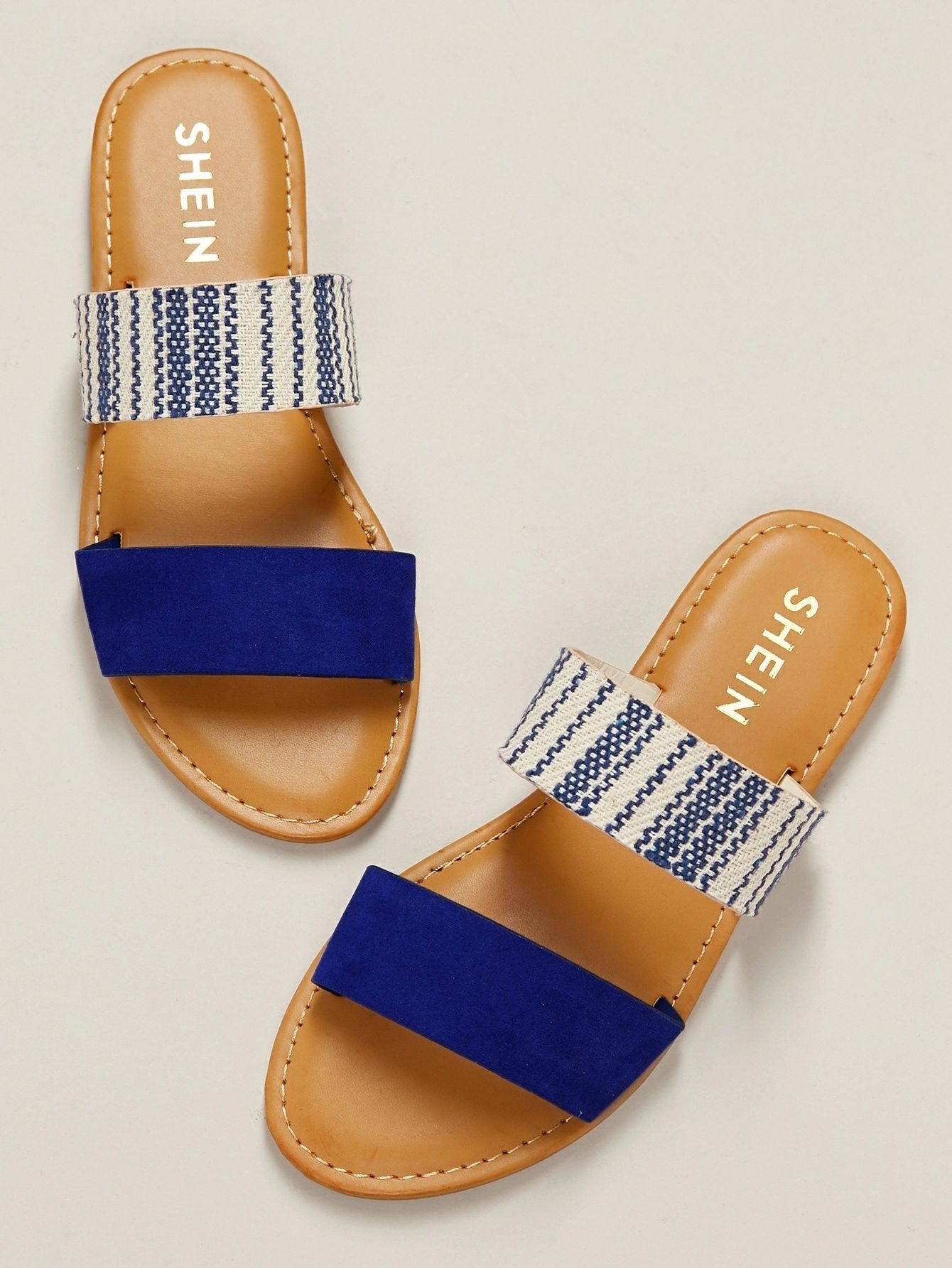 Blue Striped Duo Band Slip On Flat Sandals | SHEIN
