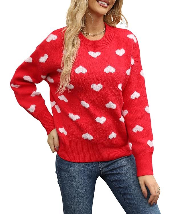 Gihuo Valentine Heart Sweater for Women Cute Kawaii Casual Crewneck Long Sleeve Knitted Pullover ... | Amazon (US)