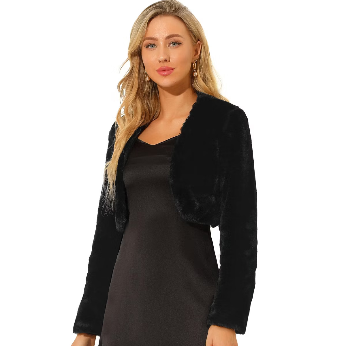 Allegra K Women's Cropped Open Front Collarless Long Sleeve Wedding Gown Faux Fur Jacket | Target