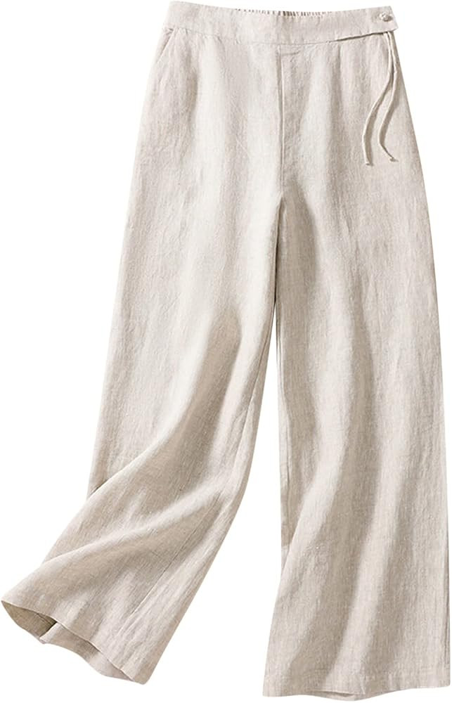 Womens Linen Capri Pants with Pockets Loose fit Elastic high Waisted Pants Straight Leg Lounge Pa... | Amazon (US)