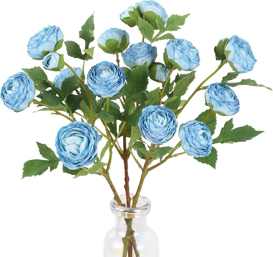 Blue Ranunculus Artificial Flowers 3PCS 18 Heads Faux Silk Peonies with Stems Real Look Faux Ranu... | Amazon (US)