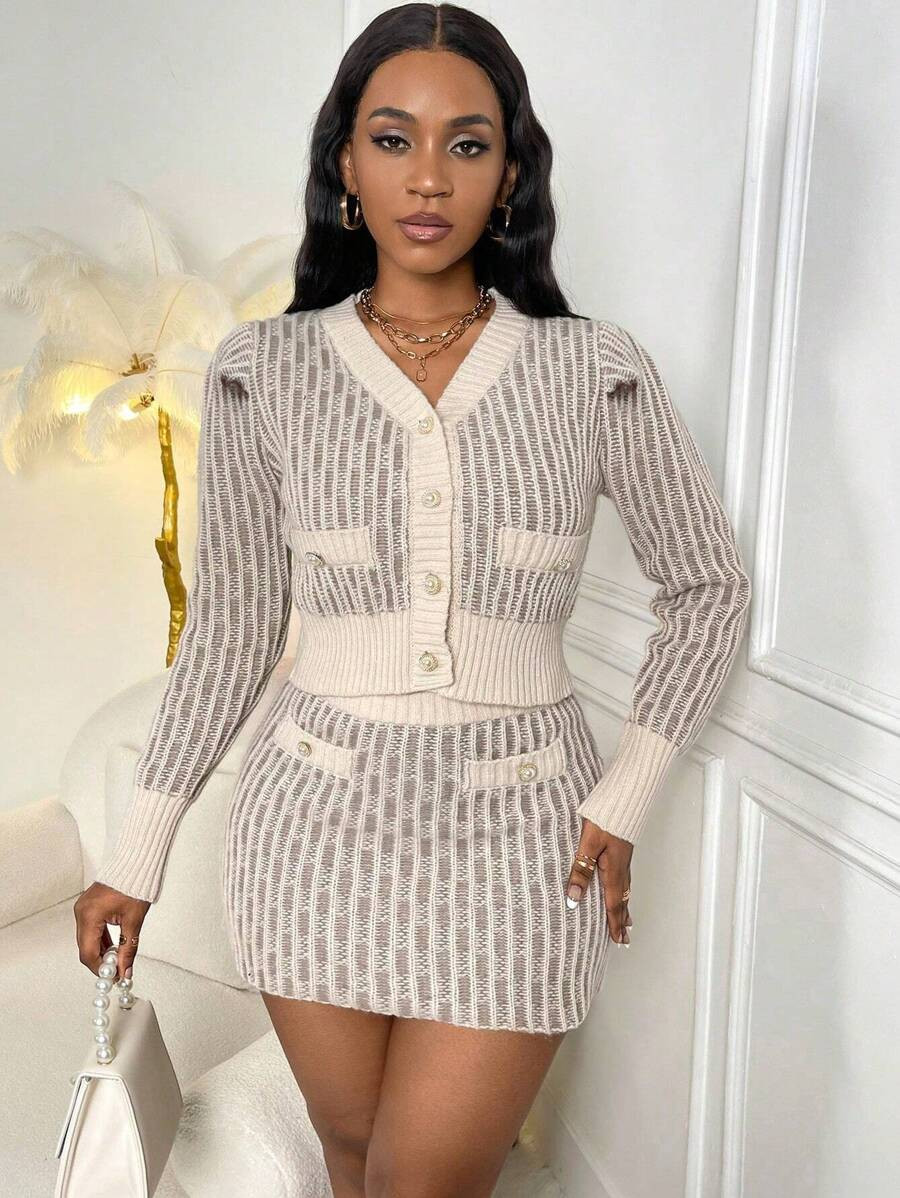 SHEIN VaVaLuxe Button Through Cardigan & Knit Skirt | SHEIN