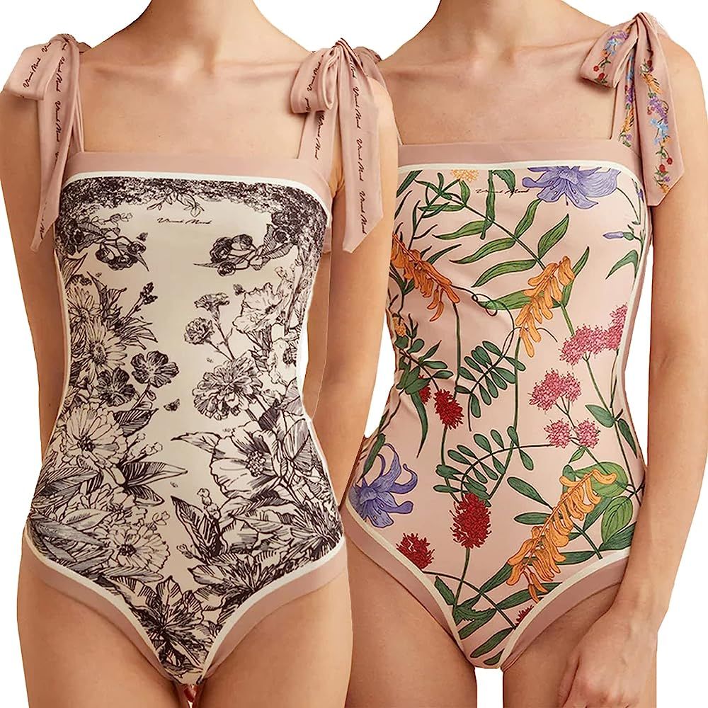 Women Floral One Piece Swimsuits, Reversible Tie Shoulder Monokini, Tummy Control Bathing Suits, Squ | Amazon (US)