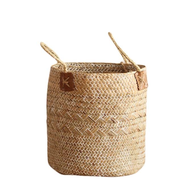 Per Hand-Woven Basket Cylindrical Natural Seagrass Storage Tote Belly Organizer With Handle For C... | Amazon (US)