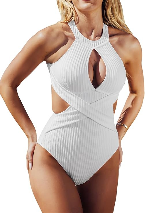 CUPSHE Women's One Piece Swimsuit High Neck Cutout Ribbed Texture Back Hook Hollow Wrapped | Amazon (US)