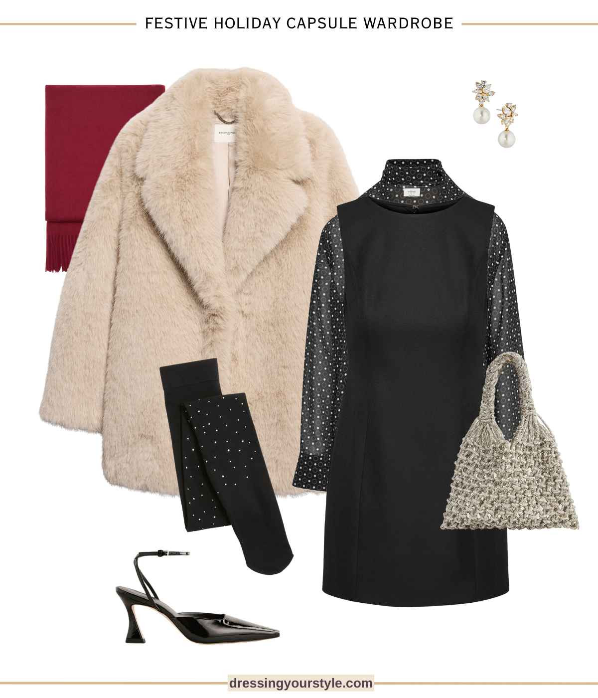 Festive holiday outfit with little black dress, polka dot blouse, embellished tights and faux fur coat. Perfect for a holiday party  

#LTKParties #LTKSeasonal #LTKHoliday
