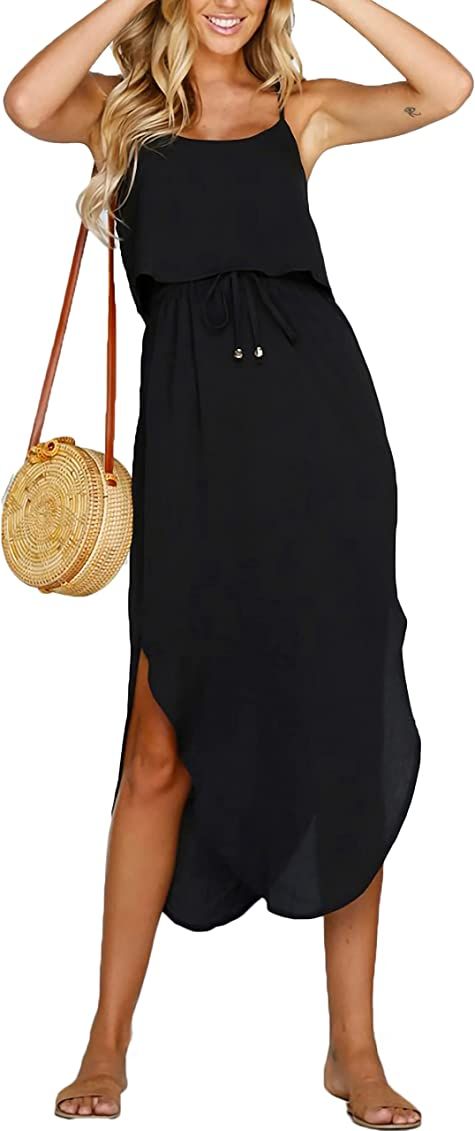 NERLEROLIAN Women's Adjustable Strappy Split Summer Beach Casual Midi Dress… | Amazon (US)