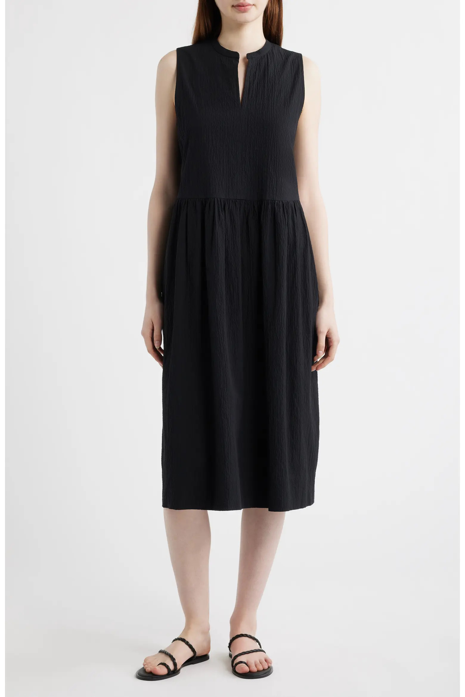 Split Neck Textured Stretch Cotton Dress (Women) | Nordstrom | Nordstrom