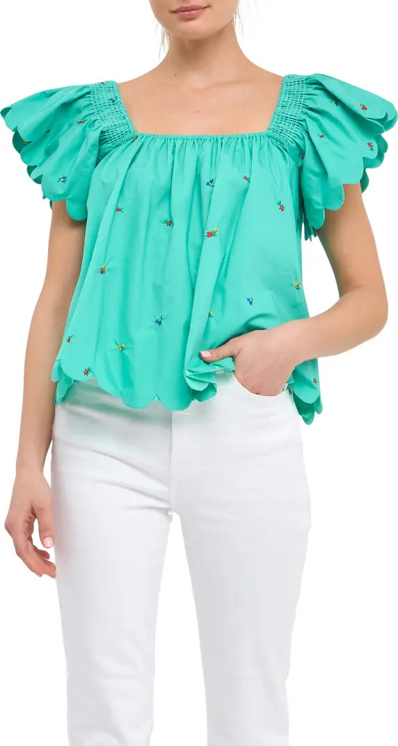 English Factory Floral Embroidered Scallop Trim Cotton Top | Nordstrom | Nordstrom