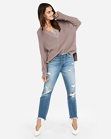 oversized shaker knit deep v-neck tunic sweater | Express