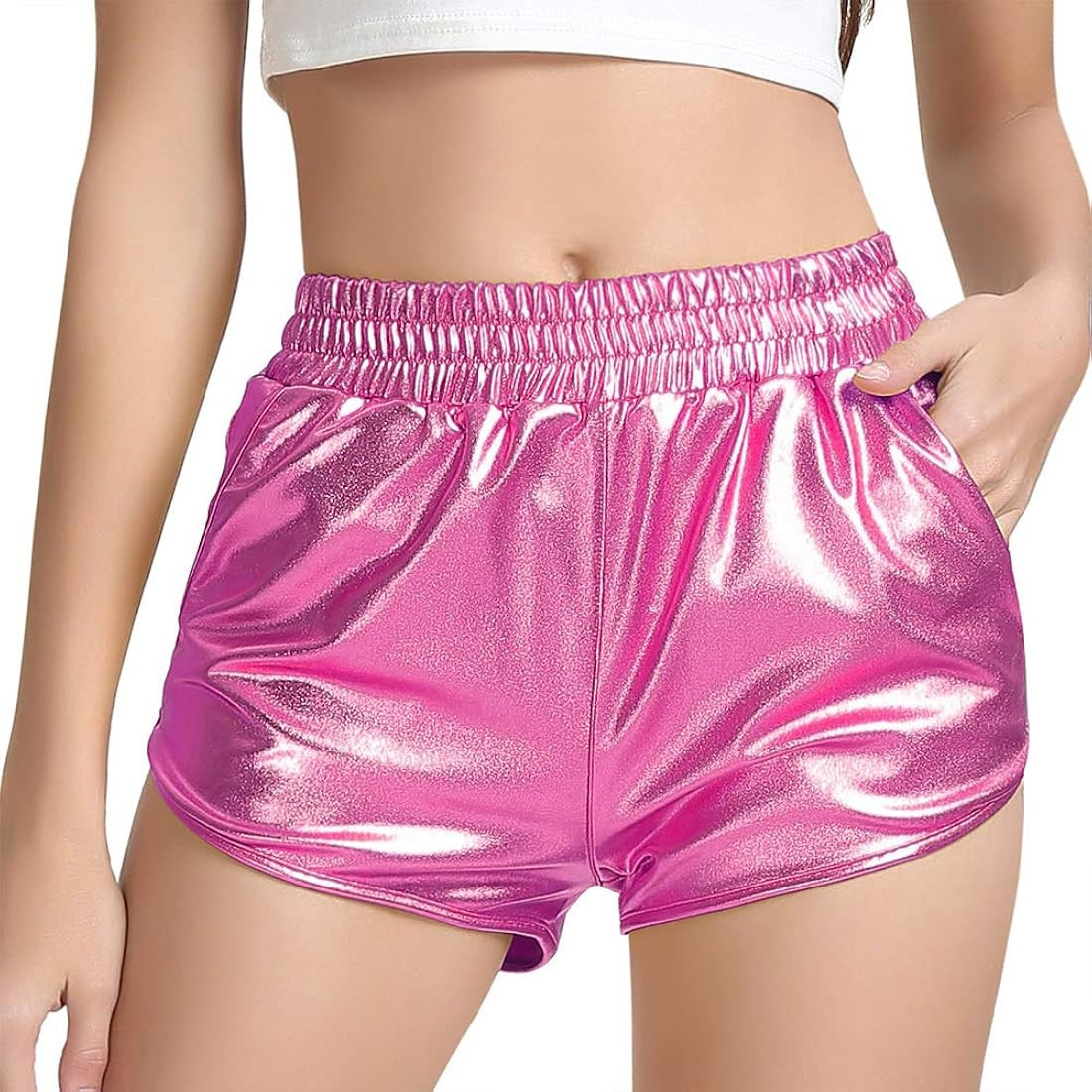 MAKARTHY Women's Metallic Shorts Elastic Waist Shiny Sparkly Rave Pants | Amazon (US)