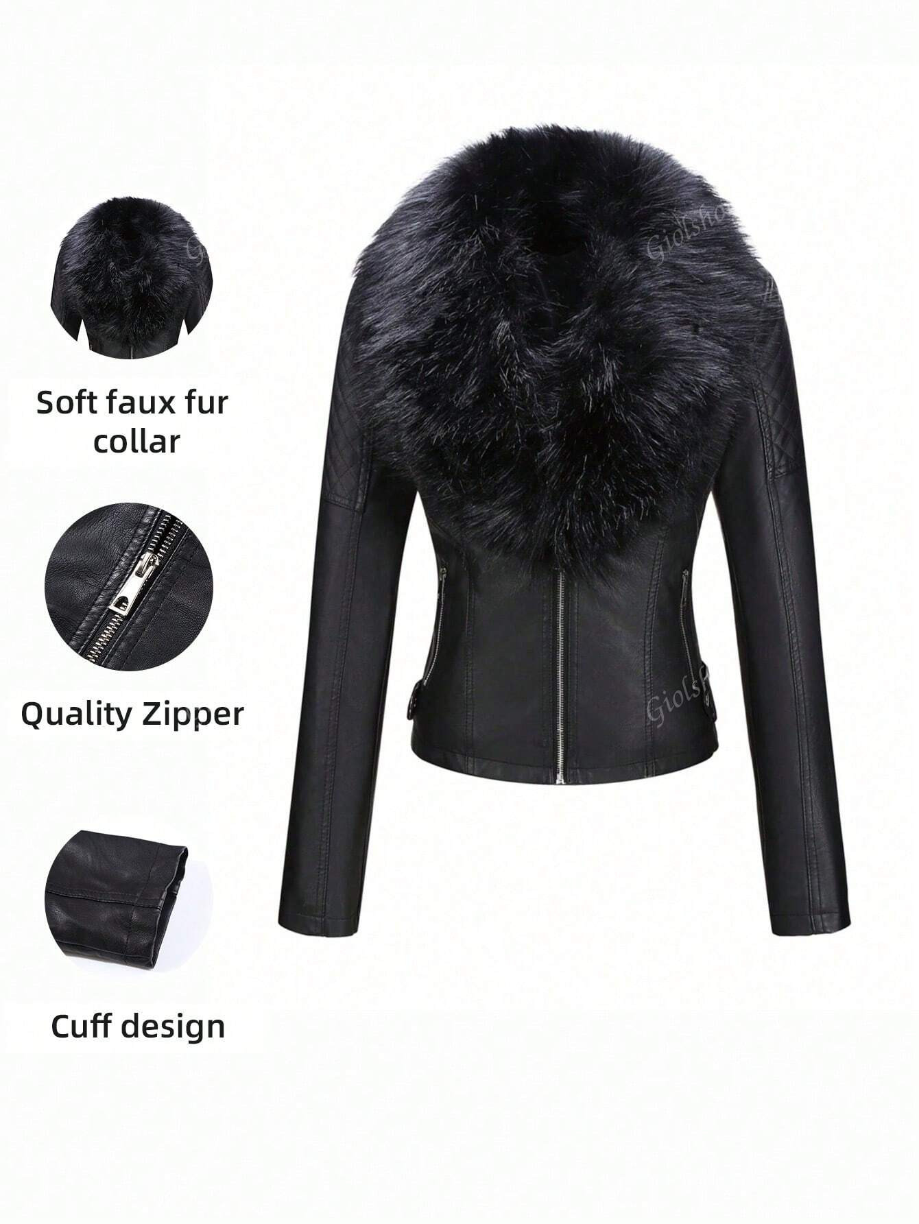 Autumn/Winter Warm Detachable Fuzzy Collar Zip-Up PU Leather Motorcycle Jacket | SHEIN