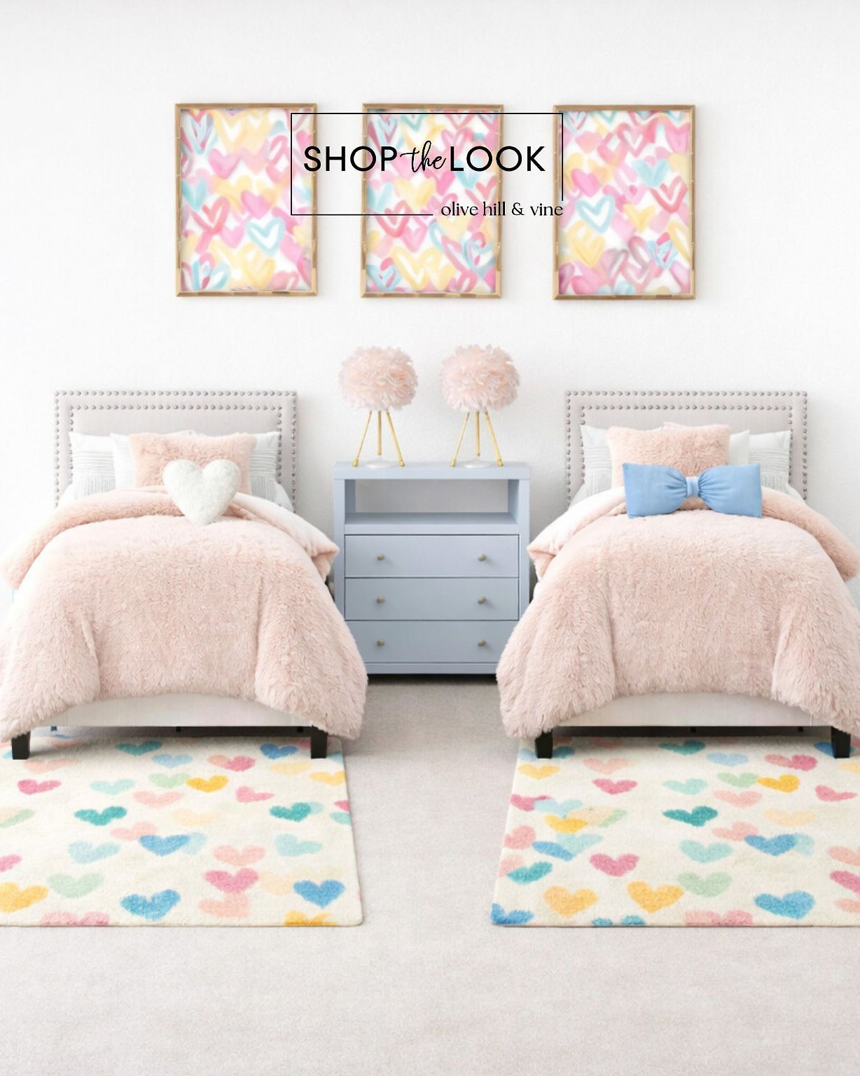 Soft blush layers, watercolor hearts, and a calming blue dresser set the tone. The twin layout keeps it fair, while small styling differences make each side feel their own—sweet, cozy, and totally made for shared giggles and quiet nights. 

 

#LTKHome #LTKKids