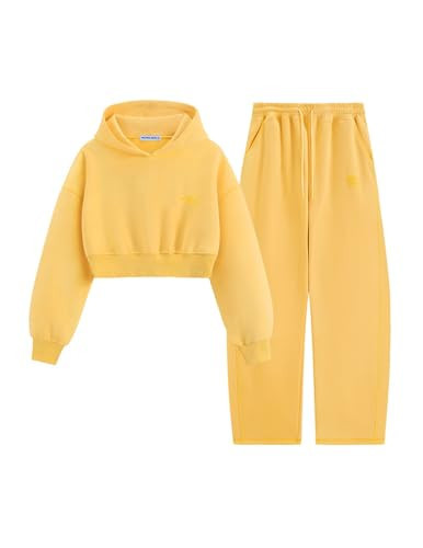 Aelfric Eden Baggy Sweatsuit Set for Womens Fleece 2 Piece Outfits Tracksuit Matching Crop Top Hoodies Barrel Pants Yellow X-Large | Amazon (US)