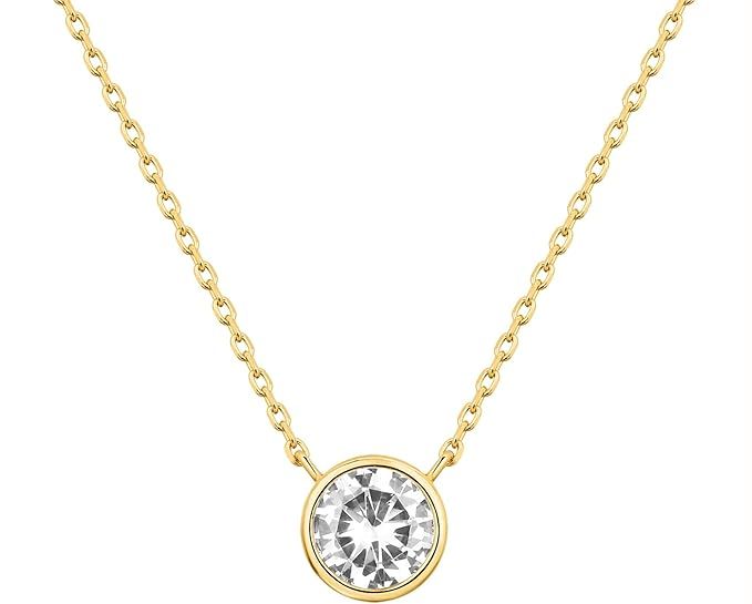PAVOI 14K Gold Plated Circle CZ Solitaire Necklace | Elegant Bezel Pendant | Dainty Cubic Zirconi... | Amazon (US)