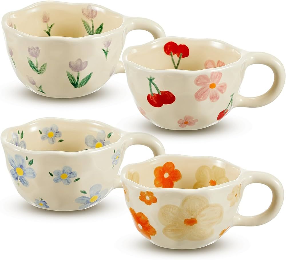 4 Pcs Ceramic Coffee Mug Creative Flower Mug 8.5 oz Irregular Coffee Cups Ceramic Porcelain Flowe... | Amazon (US)