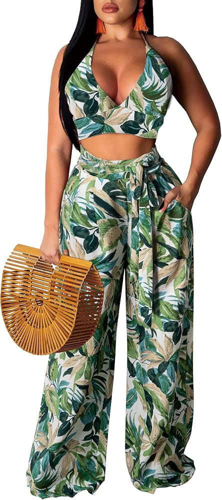Elegant Two Piece Outfits for Women Sexy Bandage Top Long Straight Pants Swimwear Sets Coverups V... | Amazon (US)