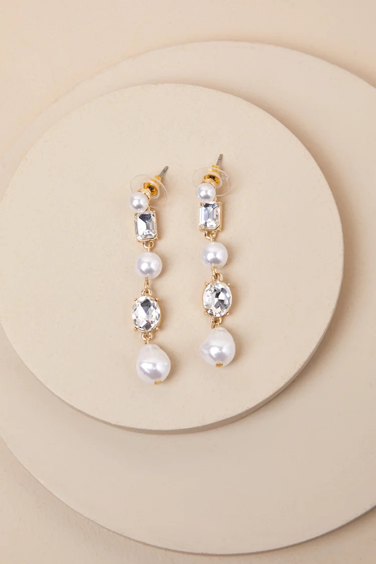 Glistening Addition Gold Pearl and Rhinestone Drop Earrings | Lulus