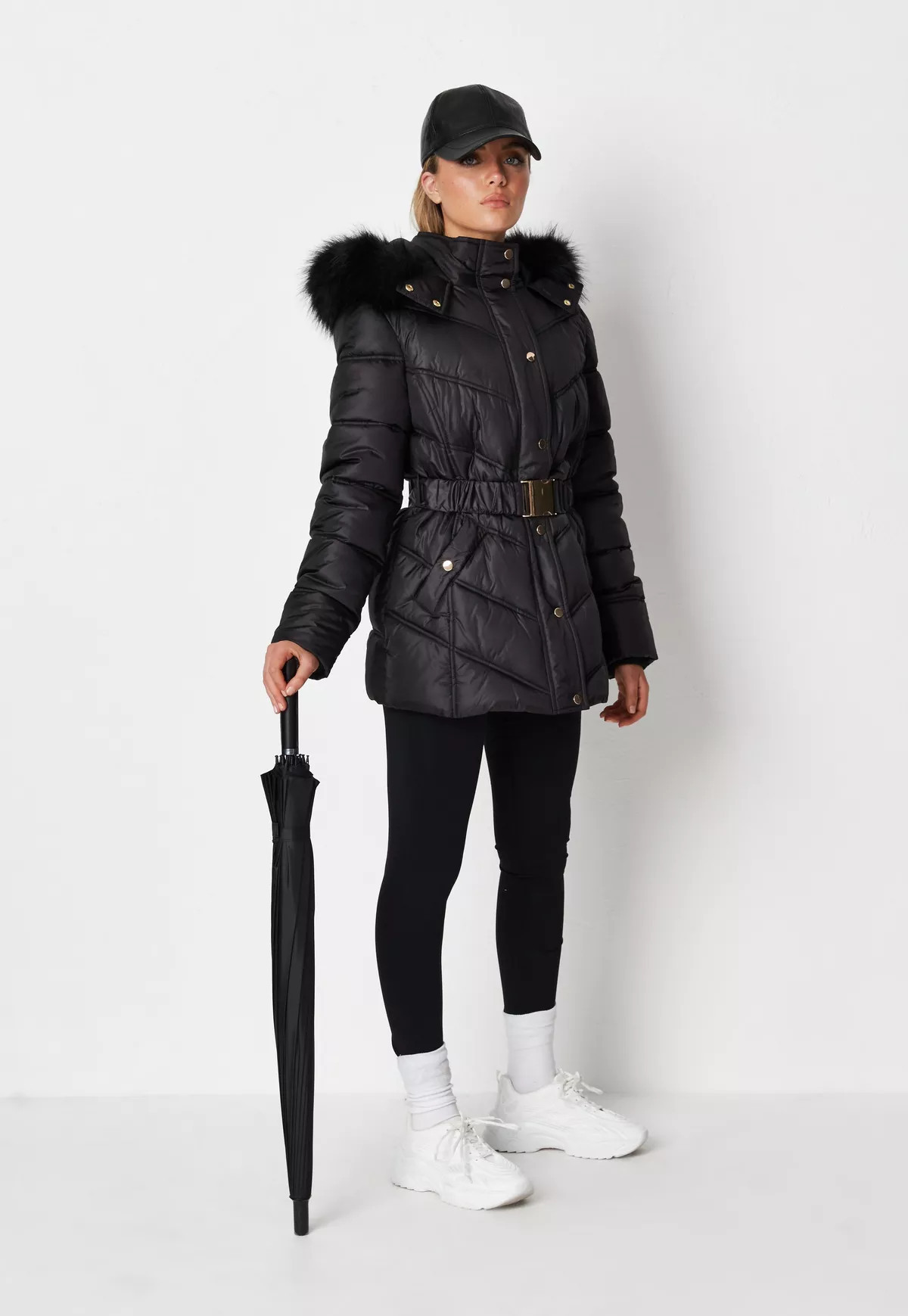 Missguided - Petite Black Gold Trim Belted Faux Fur Hooded Puffer Jacket | Missguided (US & CA)