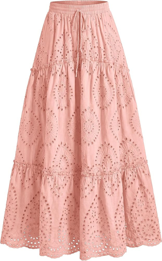 BTFBM Boho Long Skirts for Women Spring Summer 2026 Lace Embroidery High Waist Flowy Tiered Maxi ... | Amazon (US)