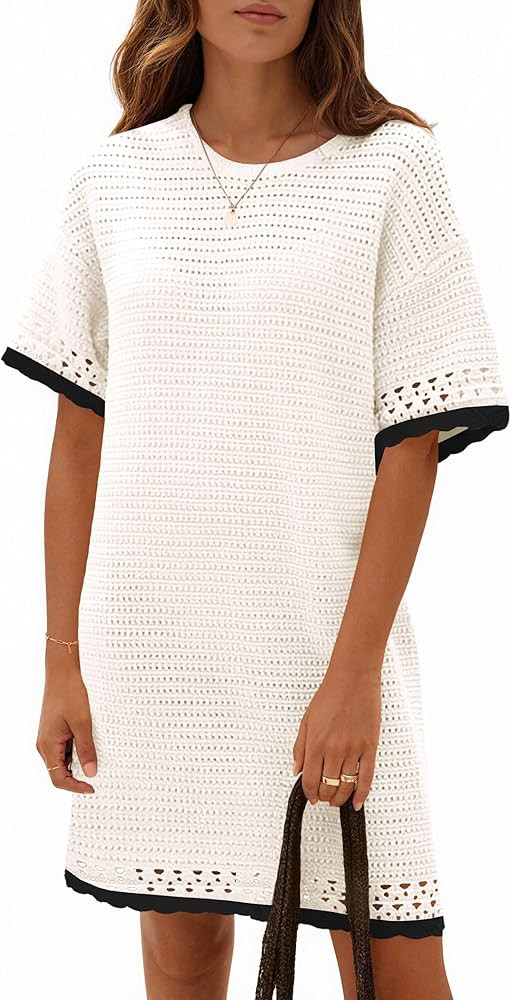 Fisoew Womens Crochet Knit Dress Summer Short Sleeve Cotton Casual Loose Coverups Beach Vacation ... | Amazon (US)