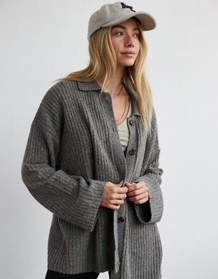 AE Whoa So Soft Collared Button-Front Cardigan | American Eagle Outfitters (US & CA)
