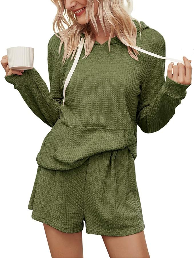 Kirundo Women’s 2021 Two Piece Pajama Set Long Sleeves Solid Pjs Drawstring Belt Sleepwear Shor... | Amazon (US)
