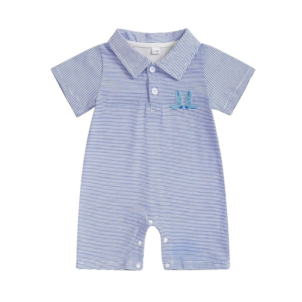 Baby Boy Summer Outfit Short Sleeve Embroidery Collared Romper Lapel Button Striped Bodysuit Jump... | Amazon (US)