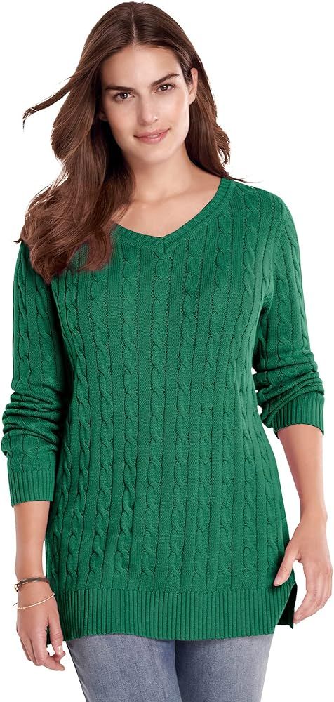 Woman Within Women's Plus Size Cable Knit V-Neck Pullover Sweater | Amazon (US)