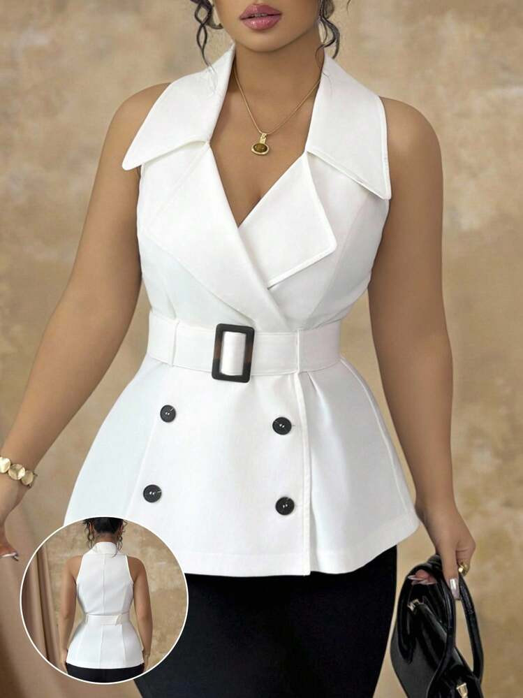 Roveilla Plus Size Women's Elegant Casual Sexy Office Romantic Vacation Solid Color Blazer Collar Contrast Color Buckle Belt Waist Double-Breasted Sleeveless Blouse, Spring/Summer Women Plus Clothing Formal Women Plus Clothing Business Casual Women Summer Clothing Woman S Summer Clothes | SHEIN