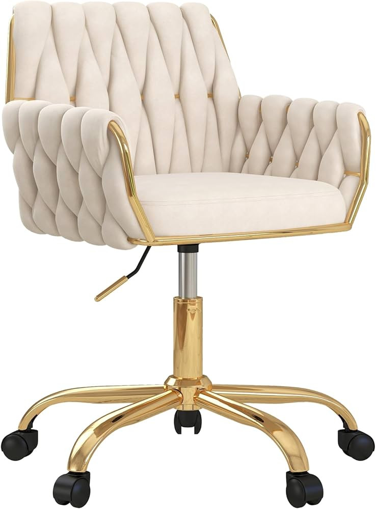 Velvet Home Office Chair, Modern Height-Adjustable Vanity Chair with Golden Base and Hand-Woven B... | Amazon (US)