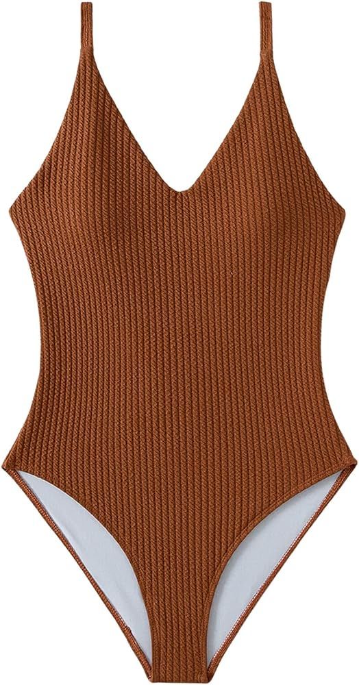 SweatyRocks Women's V Neck One Piece Bathing Suit Strappy Ribbed Monokini Swimsuit | Amazon (US)