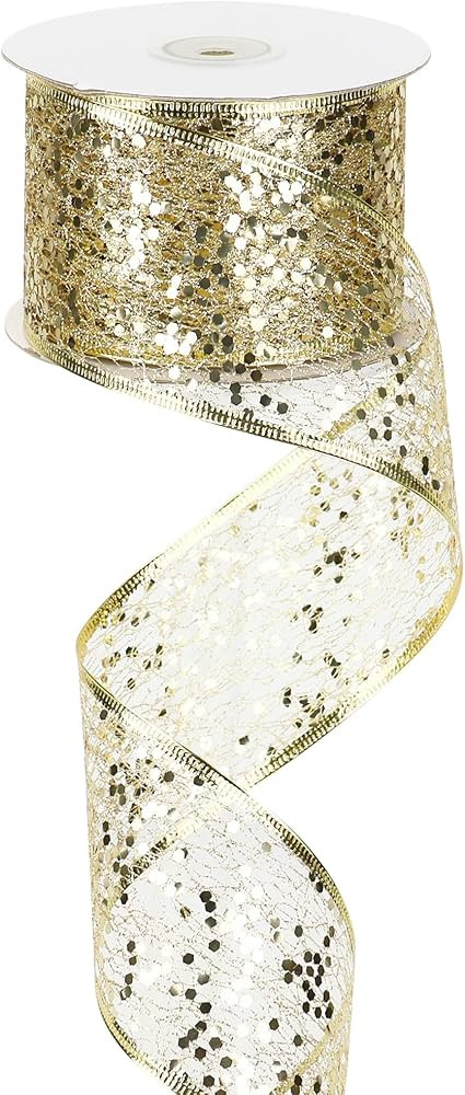 MEEDEE Champagne Gold Glitter Ribbon Wire Mesh Ribbon with Sparkle Champagne Christmas Ribbon 2.5... | Amazon (US)