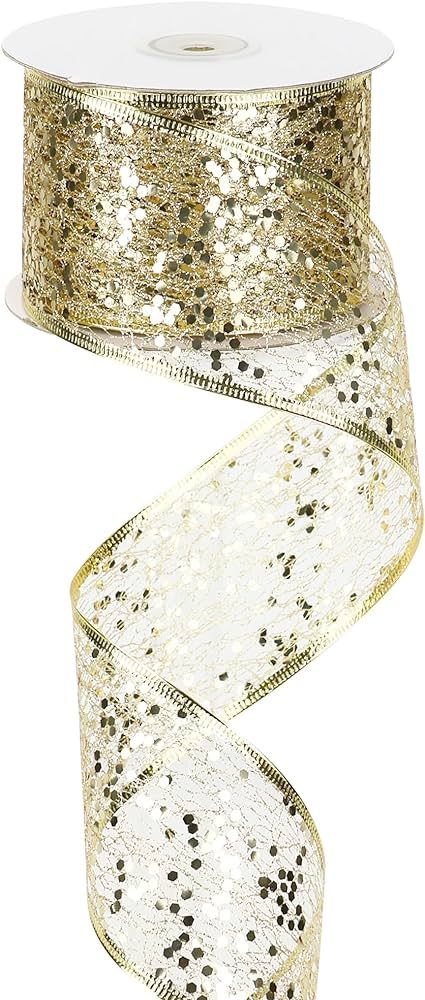 MEEDEE Champagne Gold Glitter Ribbon Wire Mesh Ribbon with Sparkle Champagne Christmas Ribbon 2.5... | Amazon (US)
