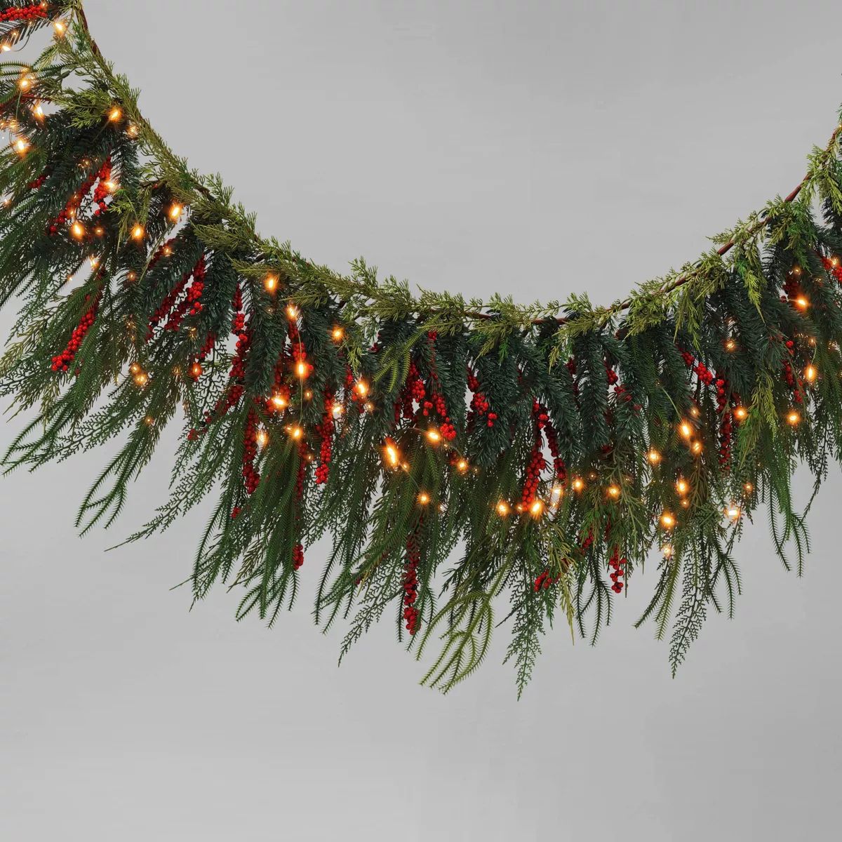 6' Pre-lit Mixed Greenery and Red Berries Artificial Christmas Garland Green with Warm White Ligh... | Target