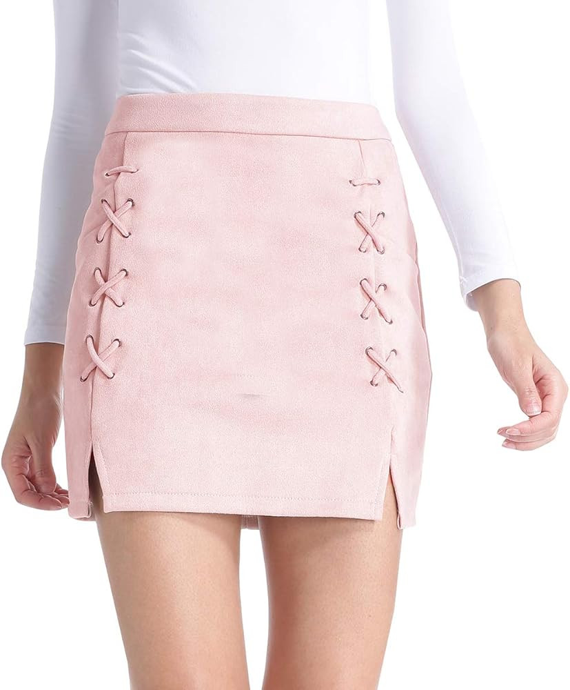 Lomantise Women's Sexy Criss Cross High Waist Lace Up Bodycon Faux Suede Pencil Mini Skirt with P... | Amazon (US)