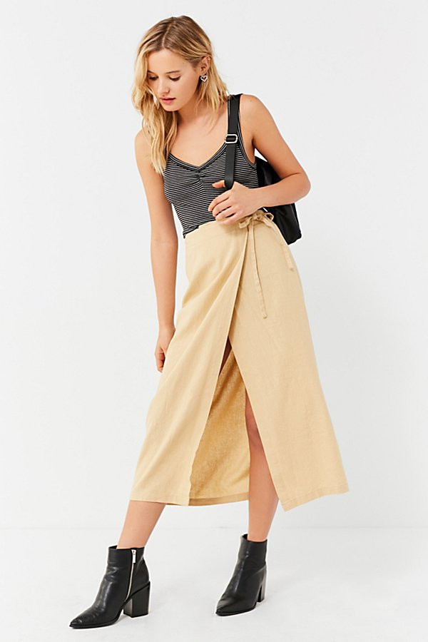 UO Linen Wrap Midi Skirt - Beige XL at Urban Outfitters | Urban Outfitters (US and RoW)