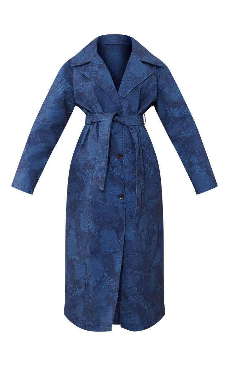 Blue Denim Look Coated Oversized Trench Coat | PrettyLittleThing US