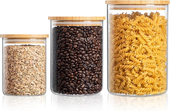Glass Storage Containers with Wooden Lids, Airtight Canister for Kitchen Countertop Set of 3,Larg... | Amazon (US)